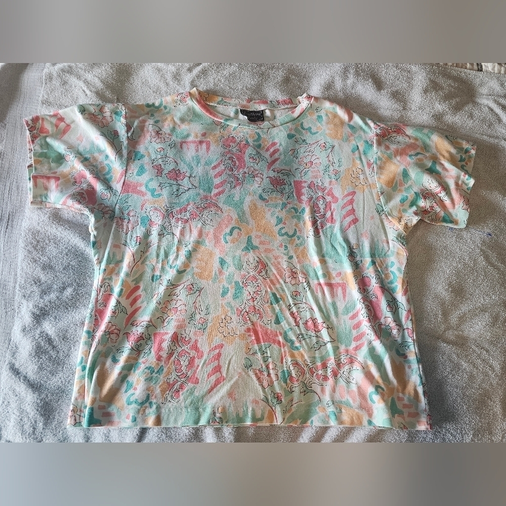 Vintage Southern Lady Pastel Floral Print Tee Shirt Size L Made in USA - Picture 1 of 9